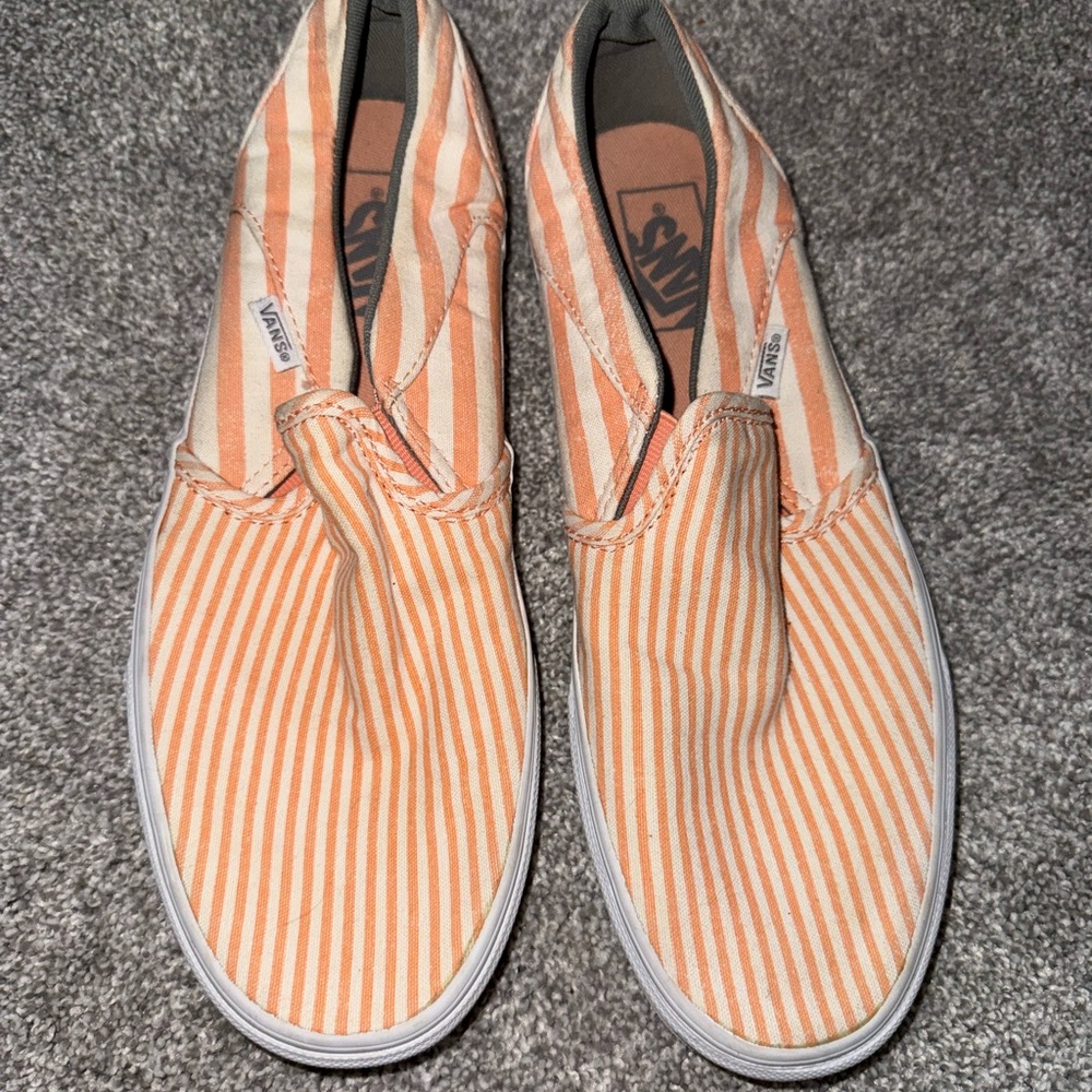 Vans Peach and White Striped Slip-Ons